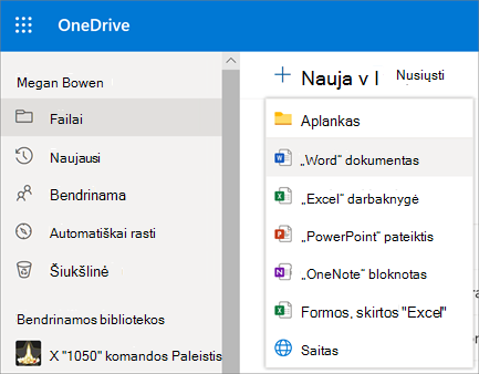Naujas failo arba aplanko meniu "OneDrive" verslui
