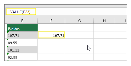 Naudokite funkciją VALUE programoje "Excel".