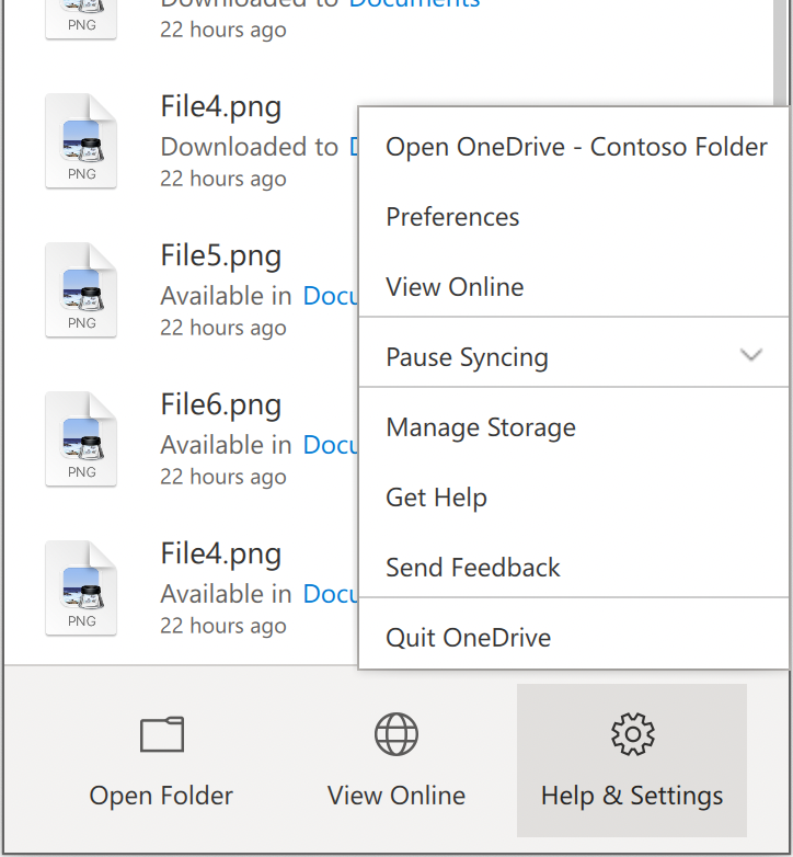 Rodomas "OneDrive" žinyno & parametrų meniu, kurio viršuje yra nuostatos.