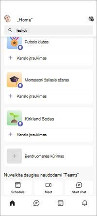 Nemokamos "Teams" bendruomenės mobiliesiems įrenginiams skirtas ekranas