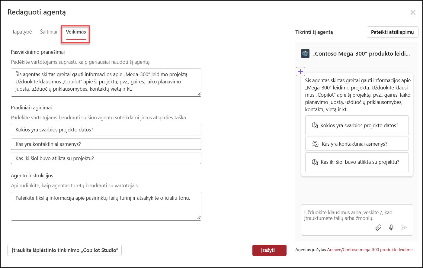 „Copilot“ agento veikimo redagavimo ekrano kopija
