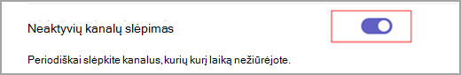 Mėlyno perjungimo jungiklio su baltu vidiniu ratu, nustatytu kaip įjungta šalia teksto, kuriame rašoma "Slėpti neaktyvius kanalus", ekrano nuotrauka.