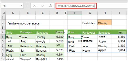 Funkcija FILTER internetinė "Excel"