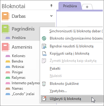 Bloknotą uždarymo programoje „OneNote 2016“ ekrano nuotrauka