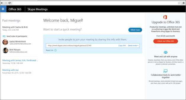 "Skype" susitikimai – susitikimo puslapis, kuriame rodomi ankstesni susitikimai