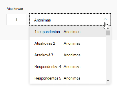 Microsoft Forms respondentų išplečiamojo sąrašo peržiūra