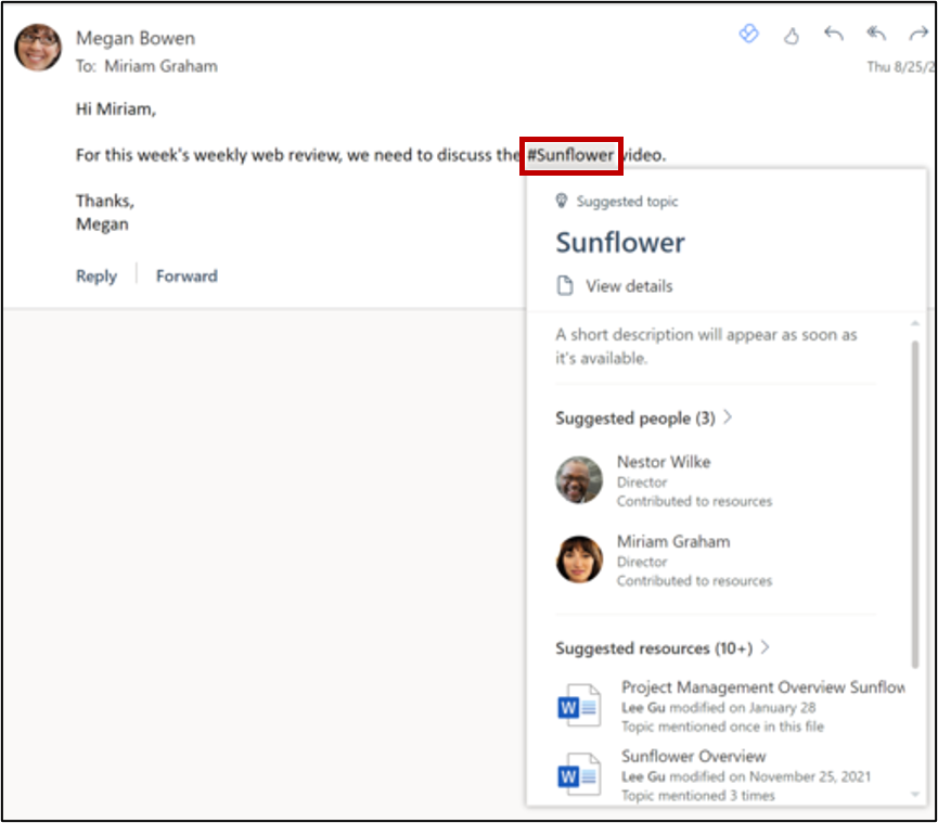 Topic card in Outlook with suggested people and resources
