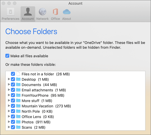 The Choose Folders dialog box under the "OneDrive", skirta "Mac" Preferences window