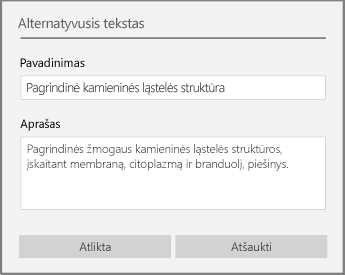 Alternatyviojo teksto dialogo langas, skirtas įtraukti alternatyvųjį tekstą programoje „OneNote“, skirtoje „Windows 10“.