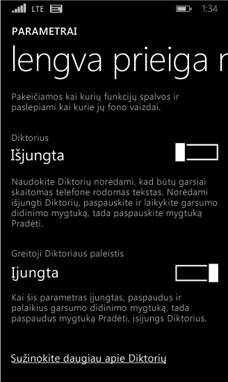 „Windows Phone“ diktoriaus parametrai