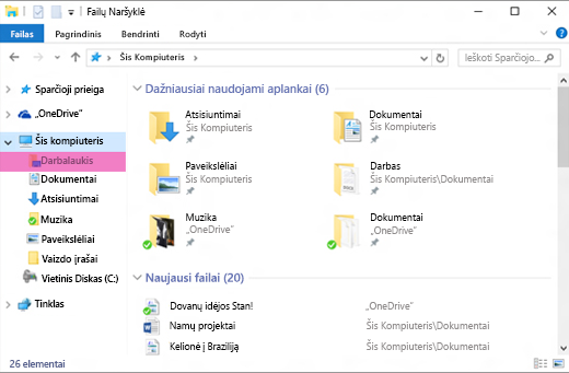 "Windows" failų naršyklės langas, kuriame pažymėta kairiojoje srityje pažymėta "darbalaukio"