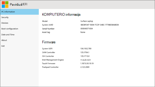 "Surface UEFI" kompiuterio informacijos ekranas