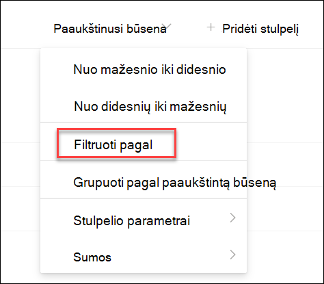 ekrano kopija, kurioje matyti filtras pagal paaukštintą būseną