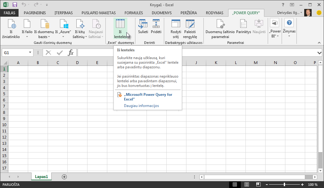 Prisijungimas prie „Excel“ duomenų lentelės