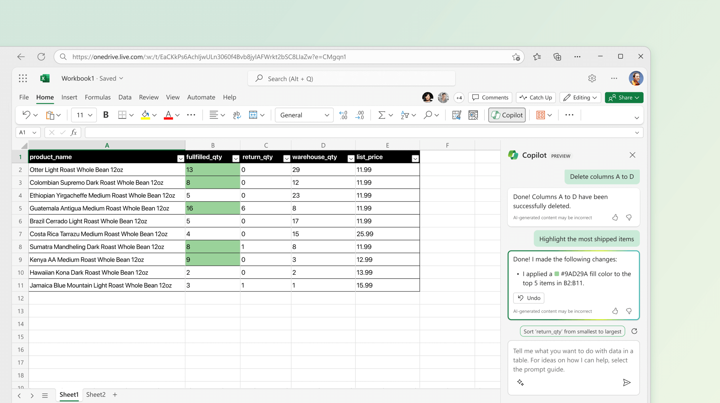 Ekrano kopijoje pavaizduota „Copilot“ programoje „Excel“, atliekanti esamų duomenų pakeitimus.