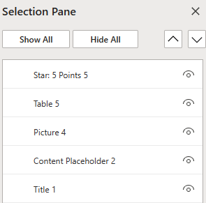The Selection Pane for arranging objects in a slide in internetinė "PowerPoint".