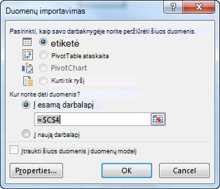 Dialogo langas Importuoti duomenis programoje "Excel