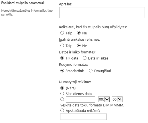 Datos laiko stulpelio pasirinkimai