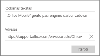Dialogo lango, skirto įtraukti hiperteksto saitą į programą „OneNote“, skirtą „Windows 10“, ekrano nuotrauka.
