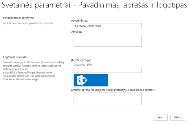 Pavadinimo, aprašo ir logotipo parametrų puslapis