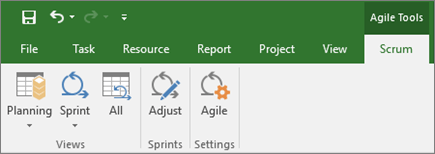 Ekrano kopija, kurioje matomas „Project“ juostelėje esantis skirtukas „Agile“ įrankiai