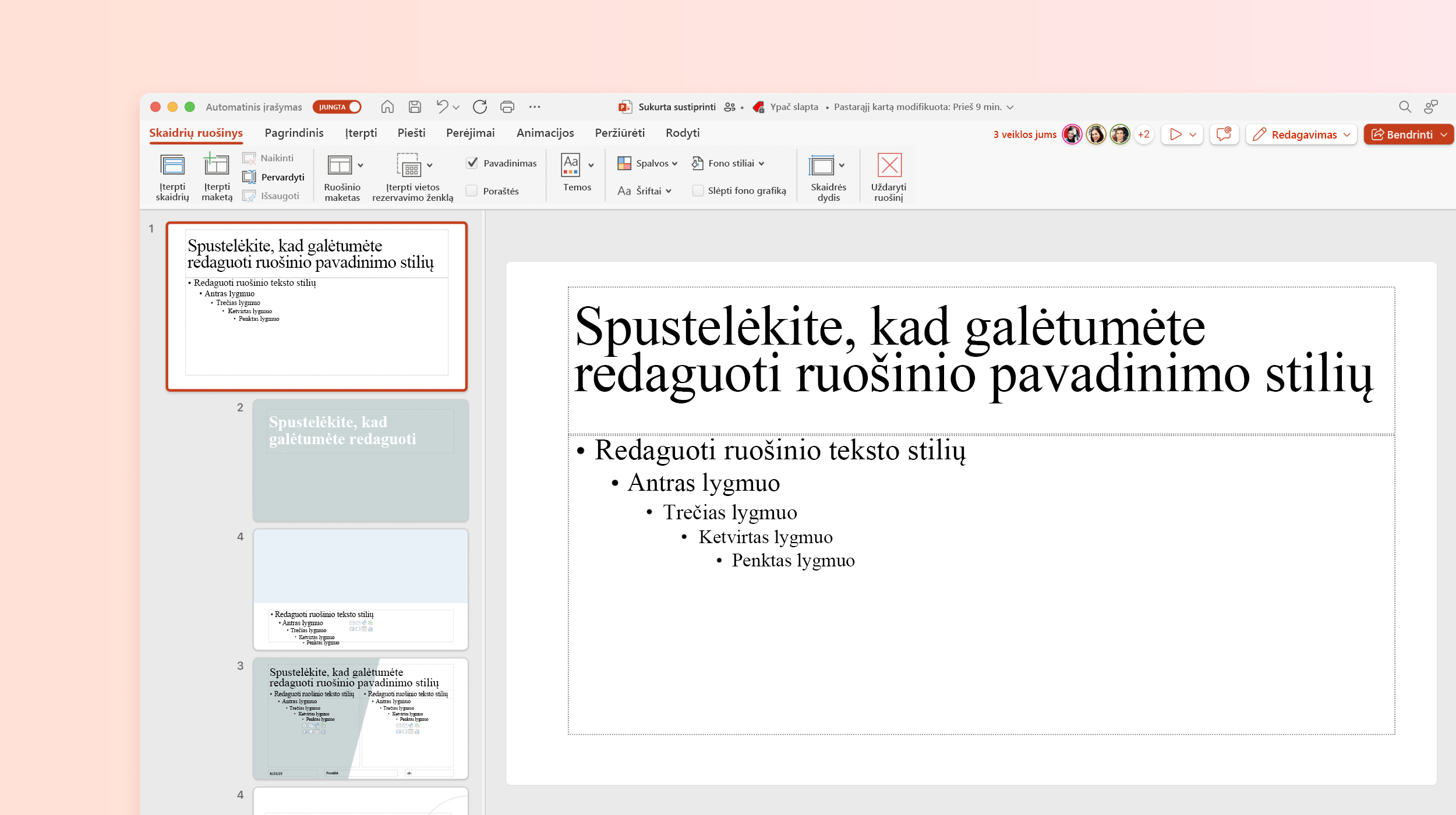 Ekrano kopijoje pavaizduotas „PowerPoint“ šablono „Slide Master“.