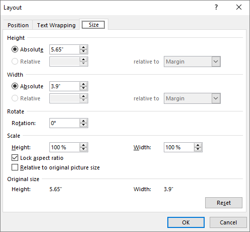 Layout options Size tab