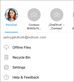 Perjungimo tarp paskyrų „OneDrive“ programoje, skirtoje „iOS“, ekrano nuotrauka