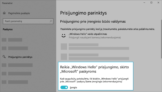 „Windows Hello“ naudojimas, kad prisijungtumėte prie „Microsoft“ paskyrų, įjungtas.