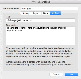 „Excel“ „PivotTable“ dialogo langas Alternatyvusis tekstas.