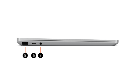 "Surface Laptop Go 2" paaiškinimai iš šono