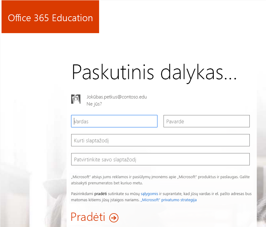 Office 365 registracijos proceso slaptažodžio kūrimo puslapio ekrano nuotrauka.
