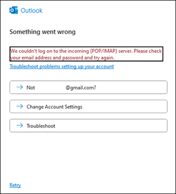 Įvyko "Gmail" klaida programoje "Outlook"