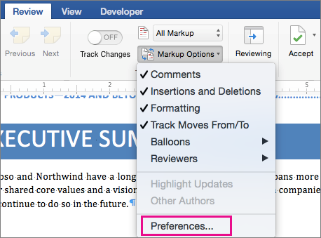The Markup Options menu with Preferences highlighted.