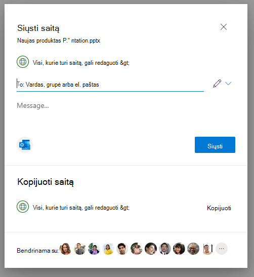 Iššokančiojo "OneDrive" bendrinimo lango saito parametrų puslapio ekrano nuotrauka
