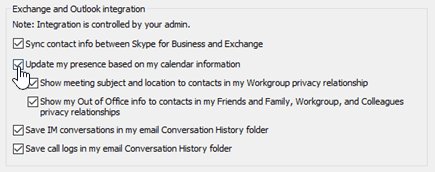 "Exchange" ir "Outlook" integravimo parinktys "Skype" verslui asmeninių parinkčių meniu.