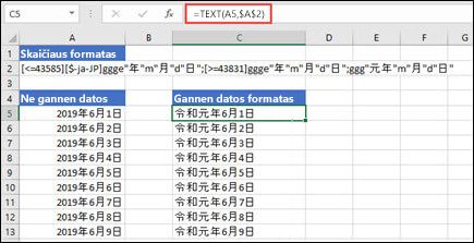 Gannen formato taikymo su funkcija TEXT vaizdas: =TEXT(A1,$B$2), kur B2 yra Gannen formato eilutė.