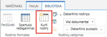 „SharePoint“ bibliotekos rodinio sukūrimo mygtukas juostelėje.