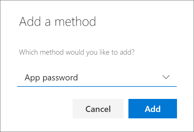 Add method box, with App password selected