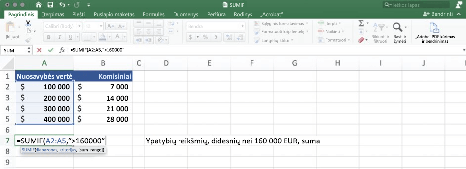 "Excel" duomenų, naudojančių funkciją SUMIF, ekrano nuotrauka