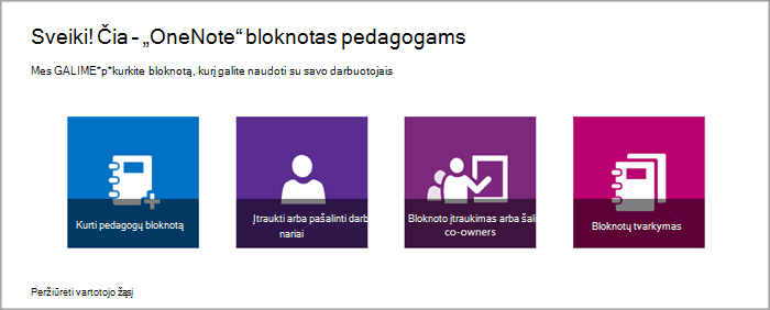 Bloknoto pedagogams valdymo parinkčių bloknoto pedagogams taikomojoje programoje ekrano nuotrauka.