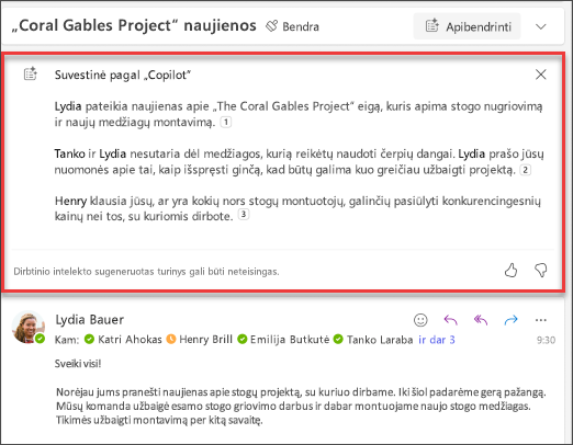 El. pašto gijos su „Copilot“ sukurtomis citatų suvestinėmis.