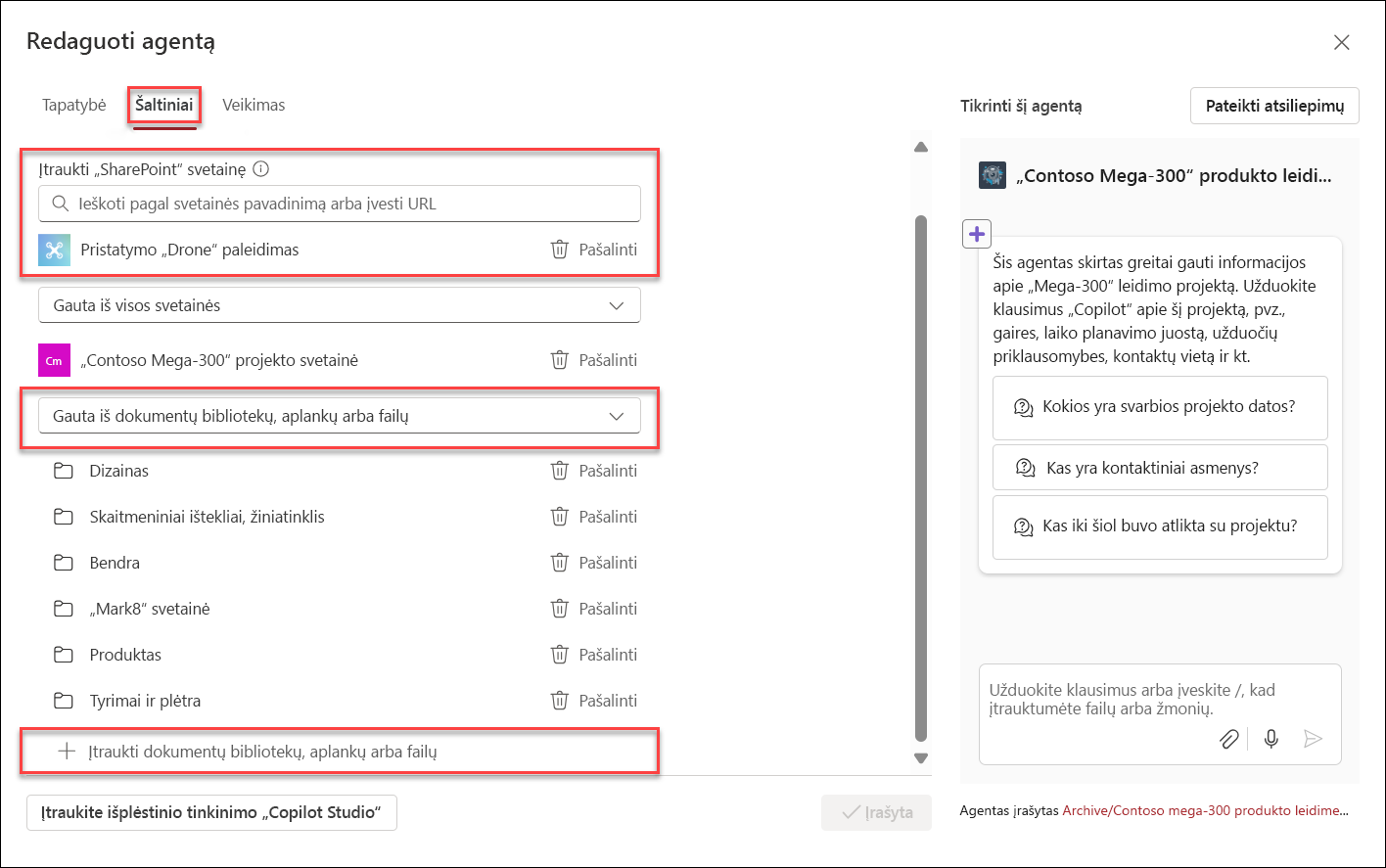Žinių išteklių įtraukimo į „Copilot“ agentą ekrano kopija