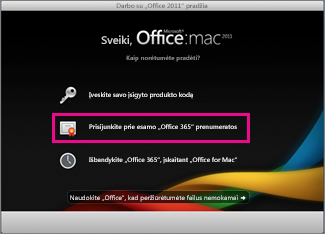 „Office for Mac home“ diegimo puslapis, kuriame reikia prisiregistruoti prie esamos „Office 365“ prenumeratos.