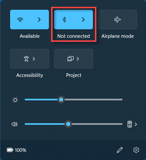 Sparčiųjų parametrų dalyje esantis mygtukas "Bluetooth" yra būsenoje Neprijungta.