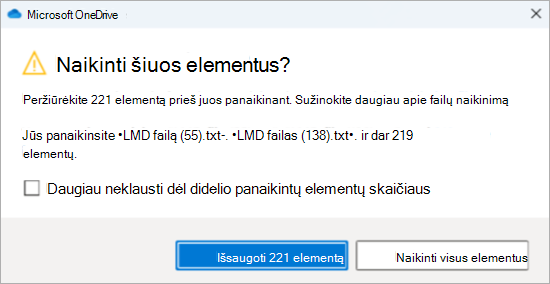 "OneDrive" patvirtinimo raginimo panaikinti daug failų ekrano nuotrauka