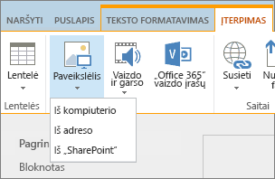 „SharePoint Online“ juostelės ekrano kopija. Pasirinkite skirtuką Įterpimas, tada – Paveikslėlis, jei norite pasirinkti, ar norite nusiųsti failą iš kompiuterio, žiniatinklio adreso ar „SharePoint“ vietos.