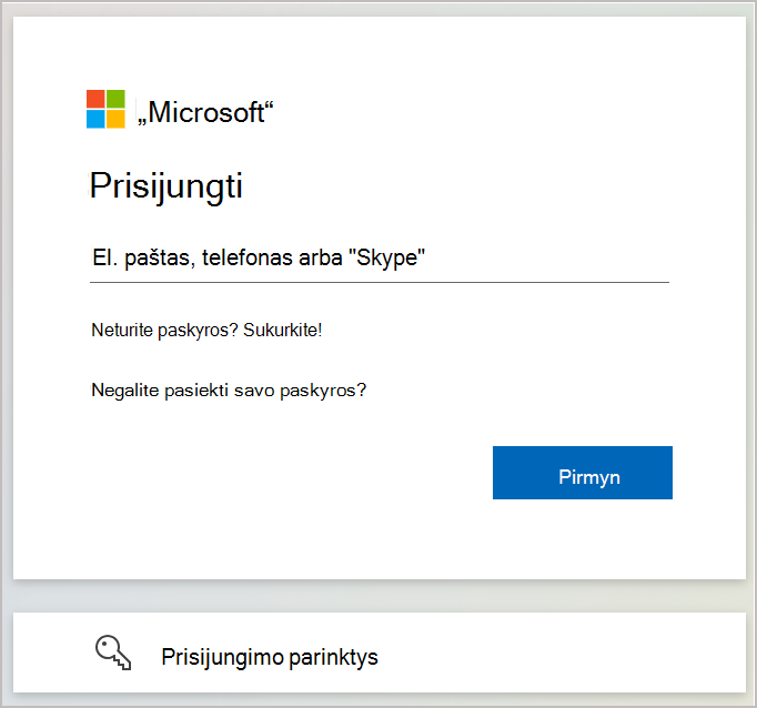 Ekrano nuotrauka, rodanti prisijungimo dialogo langą, kuriame įvedate el. pašto adresą arba telefono numerį, susietą su jūsų "Microsoft" paskyra.