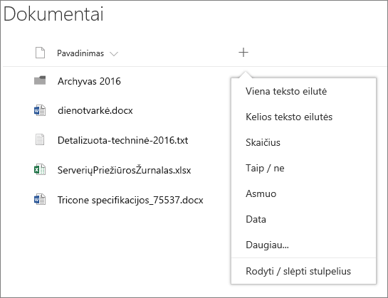 Stulpelio išplečiamojo sąrašo įtraukimas į grupės prijungtų dokumentų biblioteką