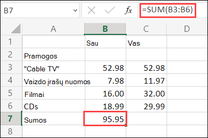 "Excel" žiniatinklio automatinės sudėties formulei